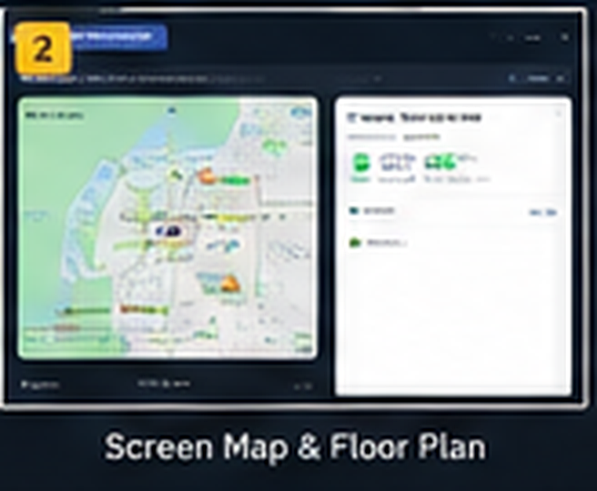 Nehas Digital Signage concept UI showing a screen map and floor plan
